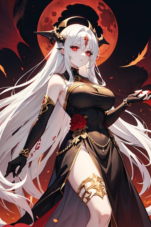 Goddess of the apocalypse with long white hair, pale skin, blood red eyes, large breasts, long black dress with gold stitching on the sides, apocalyptic wasteland with a blood moon in the sky, black blindfold 