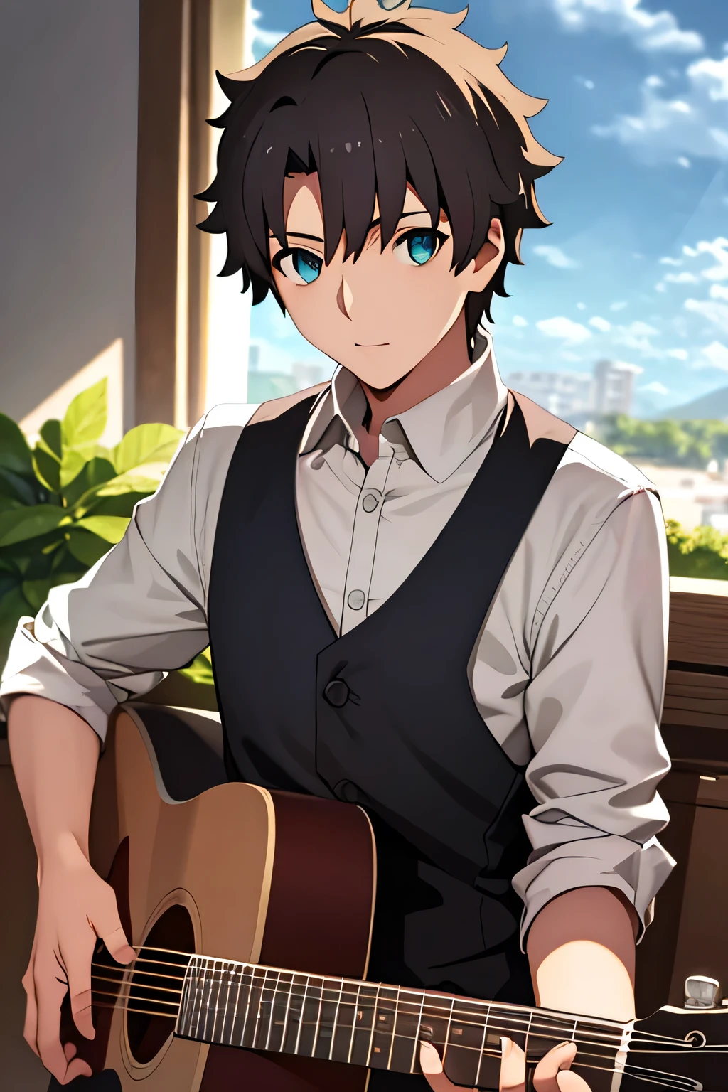 masterpiece, best quality, high quality, 1boy, solo, male focus, looking at viewer, upper body, fujimaru_ritsuka, playing the guitar