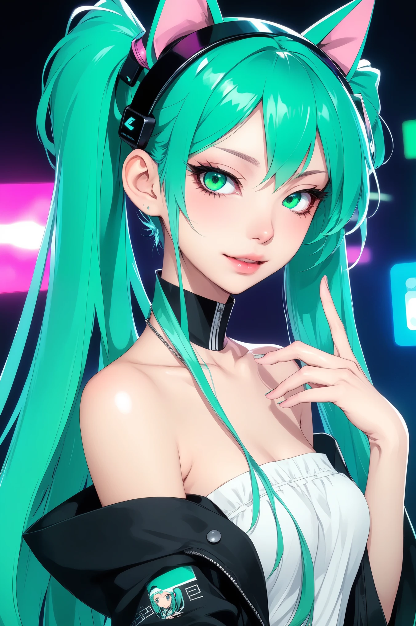 (best quality, sketch:1.2),Practical,ilustrador,shrew，Japanese cartoons,1 girl, Hatsune Miku，Detailed lips, hand，Off-shoulder， Neon long hair,High ponytail green，masterpiece, The style is vintage, Dj