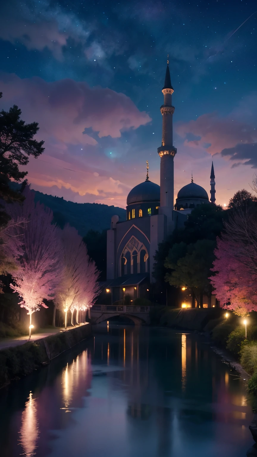 mosque, beautiful, exterior, trees, river, sexy, night, (((colorful sky))), grassy, flat landscape, mercy, blessing, beauty, (((night sky))), ((( stard)))