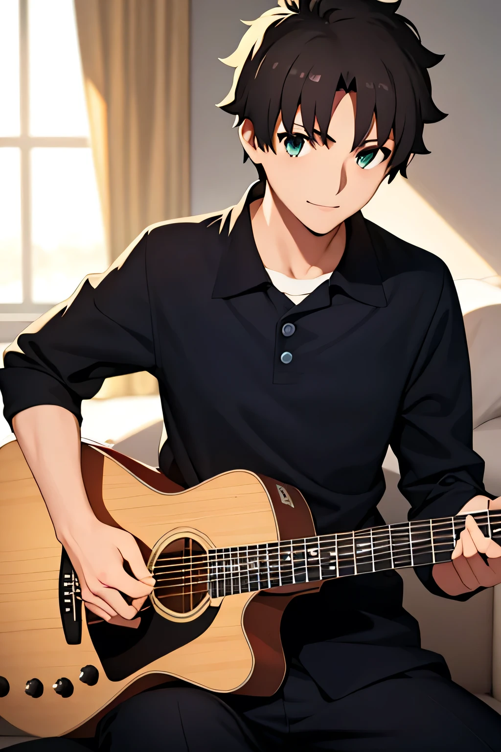 masterpiece, best quality, high quality, 1boy, solo, male focus, looking at viewer, upper body, fujimaru_ritsuka, playing the guitar