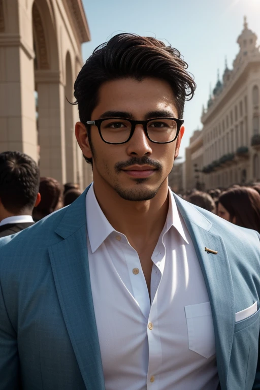 A charismatic, handsomely rugged Latino graduate, sporting a stylish hero jacket and crisp white shirt, flaunts a chiseled, suave face accentuated by designer glasses. His rich, bronzed skin glows under the soft, warm lighting of the prestigious graduation ceremony. The background transitions seamlessly from grand, ornate architecture to the vibrant, cheering crowd, creating an ultra-realistic, high-definition portrait that has undergone ultra-light retouching for visual perfection.