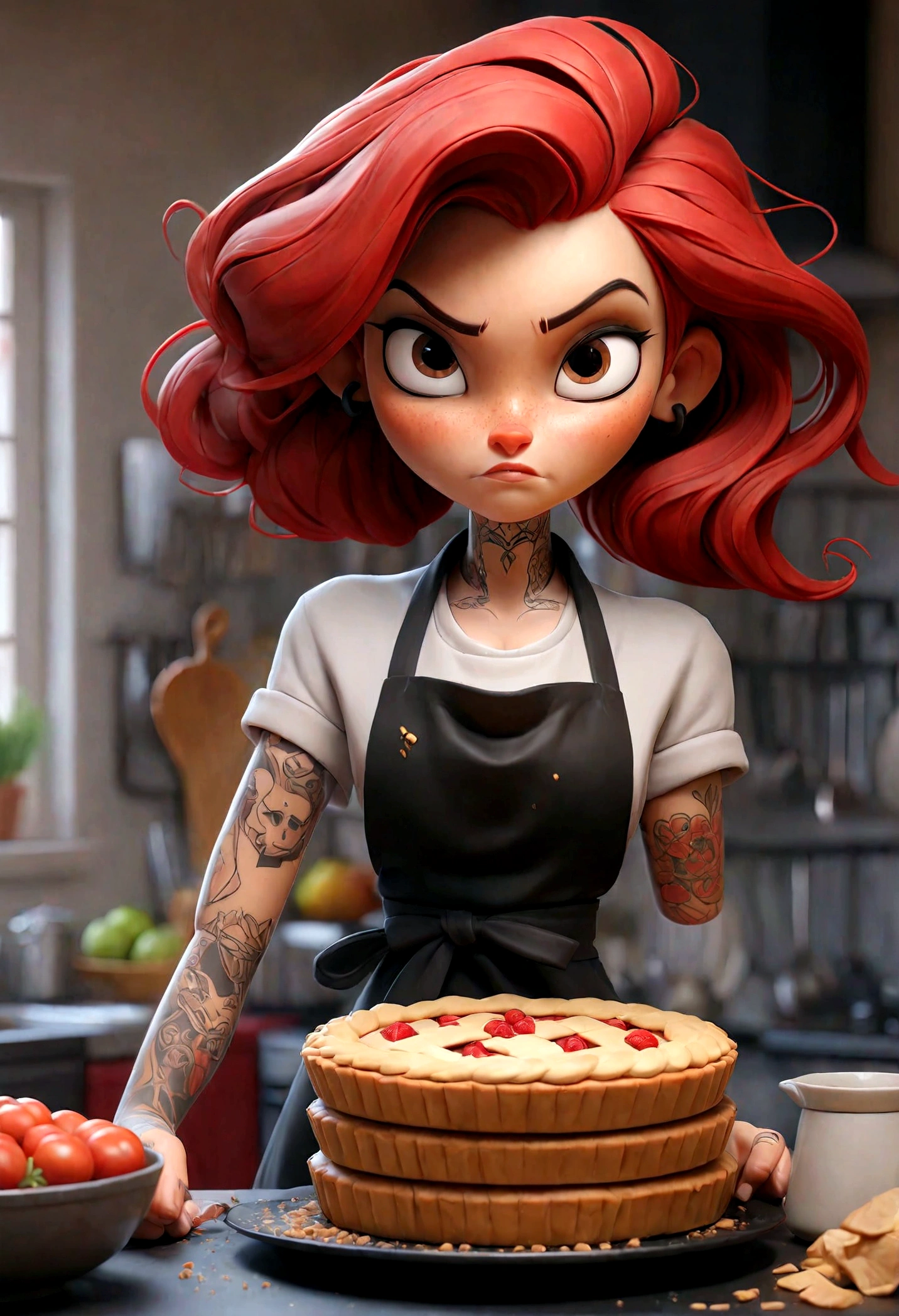 a woman with tattoo, (([red|black] hair)), long hair, wearing a black apron,  cooking, look at viewer, kitchen, cake and pie on background,  indoors, (soothing tones:1.0), (hdr:1.25), (artstation:1.2), dramatic, (intricate details:1.14), (hyperrealistic 3d render:1.16), (filmic:0.55), (rutkowski:1.1), (faded:1.3)