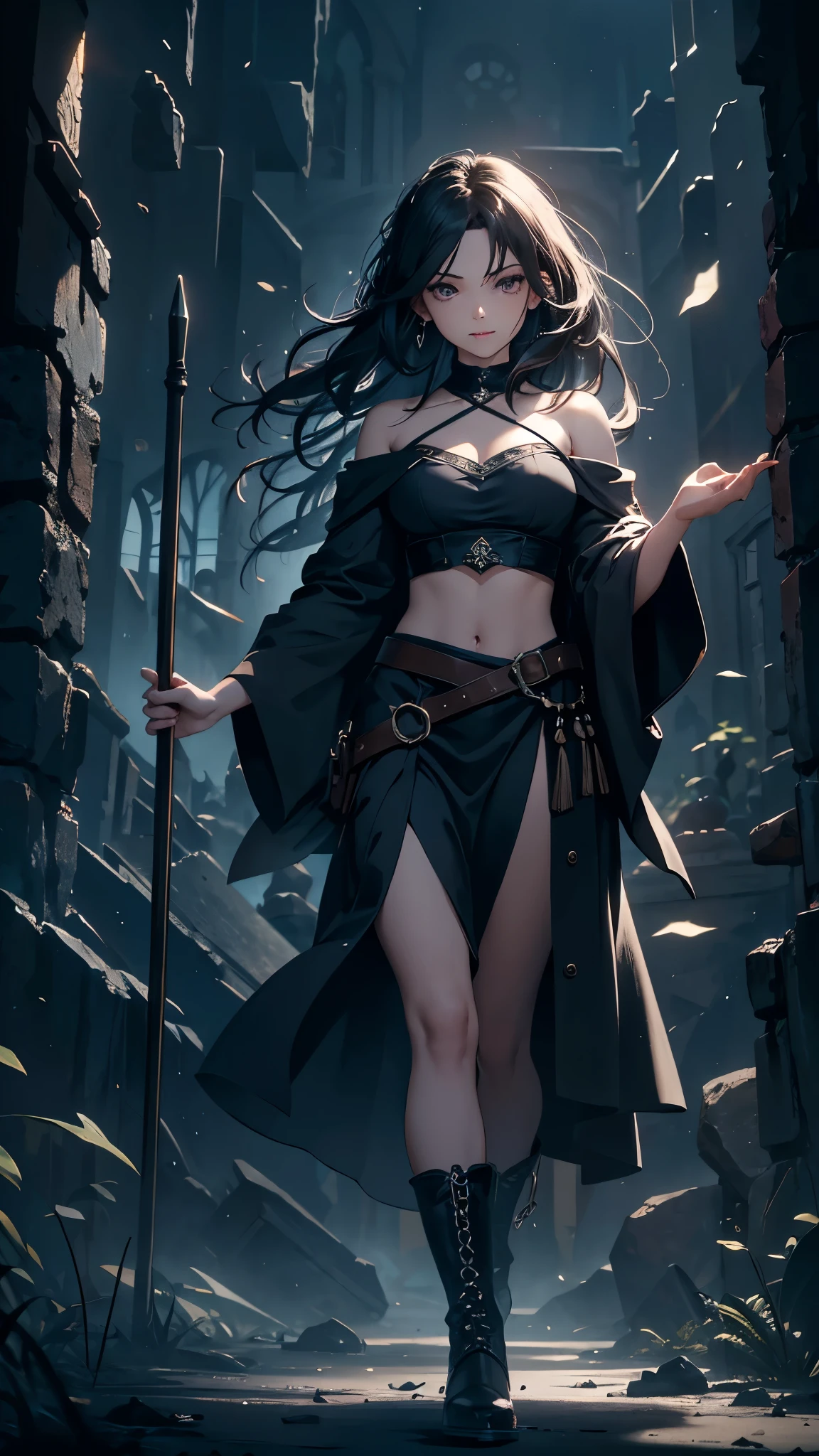 (One 18-year-old woman),(wizard),(she’s having a long cane),(short black hair),(messy hair),(wavy hair),(dark), [nervous eyes],(sexy fashion, off shoulder, maxi length skirt, boots),(best quality, 4k, 8k, highres, masterpiece:1.2), ultra-detailed,(realistic, photorealistic, photo-realistic:1.37),(fantasy, magic, mystical, enchanting), (dramatic lighting), (moody, somber), (deep rich colors)