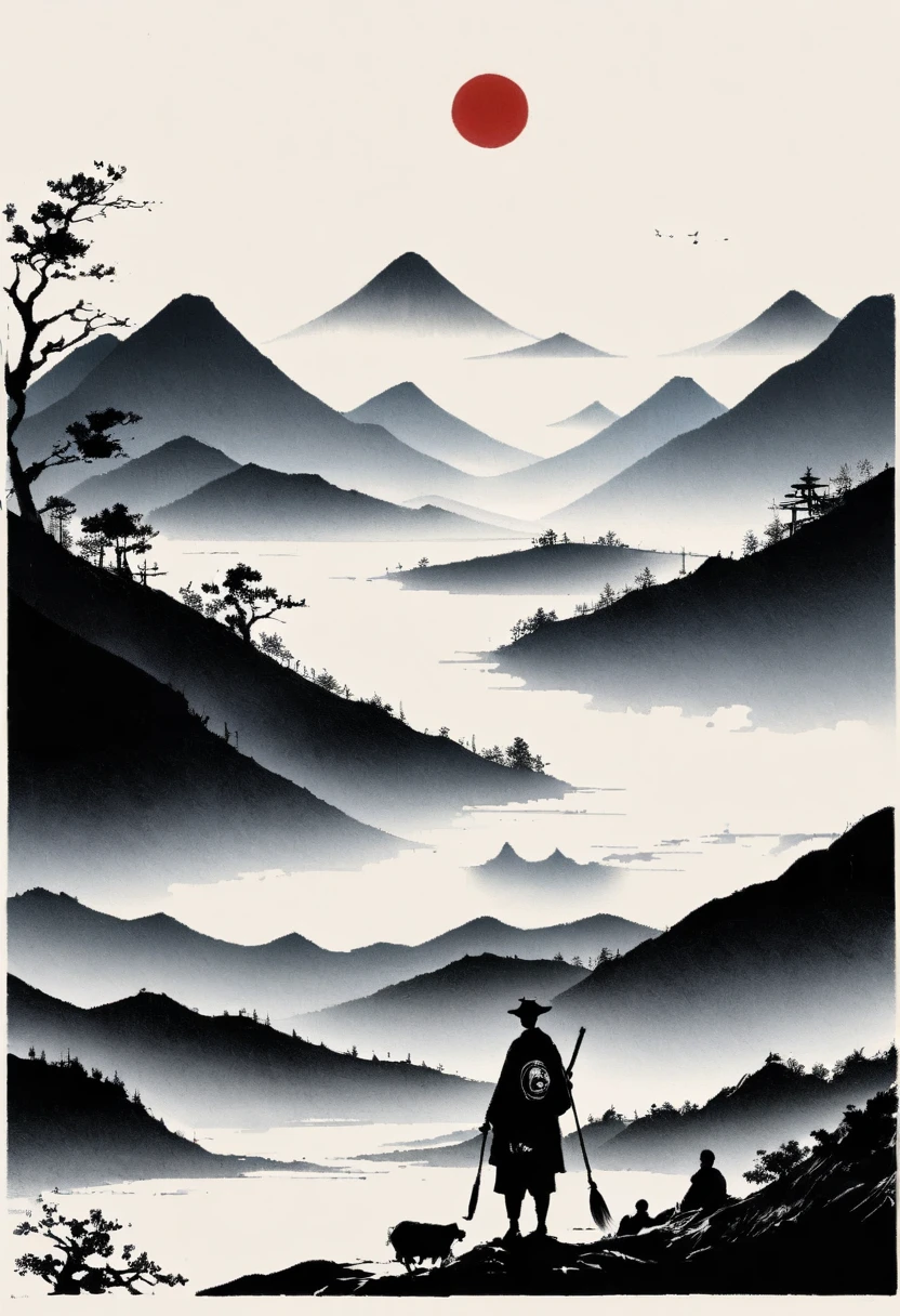 (大量留white:1.5),white, white色背景, simple, Minimalism, abstract,Freehand,Ink,Ink brush,Aesthetic,黑与white,Ink Painting,antiquity,Mountain,People in the distance