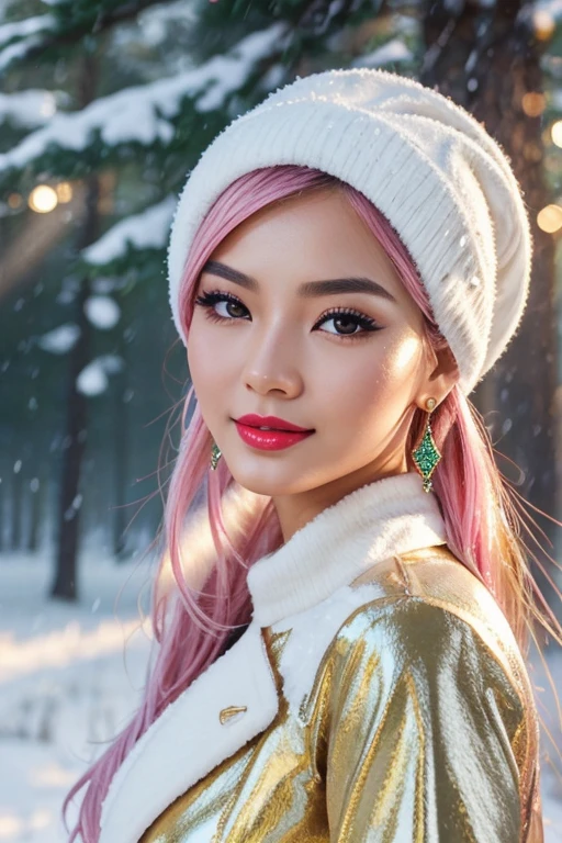 1 girl, Korean model, extremely beautiful, perfect body. Canon camera set to landscape and full body shooting mode, 8K, lifelike, masterpiece, sharpest and highest contrast, hyper-realistic color photos. Her hair is pink, long and smooth, the wind blows it beautifully under the bright sunlight. Beautiful face, perfect and sexy, holy, perfectly proportioned, beautiful in every detail, ((shiny)), high-end cosmetic makeup. Bright smile, pure white teeth and details. Attractive glossy red lips, brilliant glossy red lipstick. Brown eyes, glossy, seductive, ((sharp makeup)), realistic, ((wet eyes)), detailed. Pink eyeshadow, long eyelashes, blush, high-end cosmetics. Two delicate eyelids, perfectly beautiful and detailed, black eyelashes. Eyebrows are curved, sparse, sharp and detailed. High and detailed nose. Cheeks are prominent and detailed. ((Bright white skin)), detailed pores, shiny skin, smooth skin. Long, shiny legs. Hands are beautiful, perfect, ((no flaws)), no defects. Complex light, yellow-black rays, ((lights the face)), sparkling sunlight, ((lights the girl's body)). Gold and silver earrings, diamond necklace, emerald belt, Rolex watch.
Slim-fitting jacket dress above the knee, snowy pine trees, snowflakes, fog, cold air, cinematic lighting, dramatic silhouettes, fantasy, depth of field, volumetric lighting, covered trees Falling snow, snow falling in hair, beautiful background scenery, detailed background, super detailed.