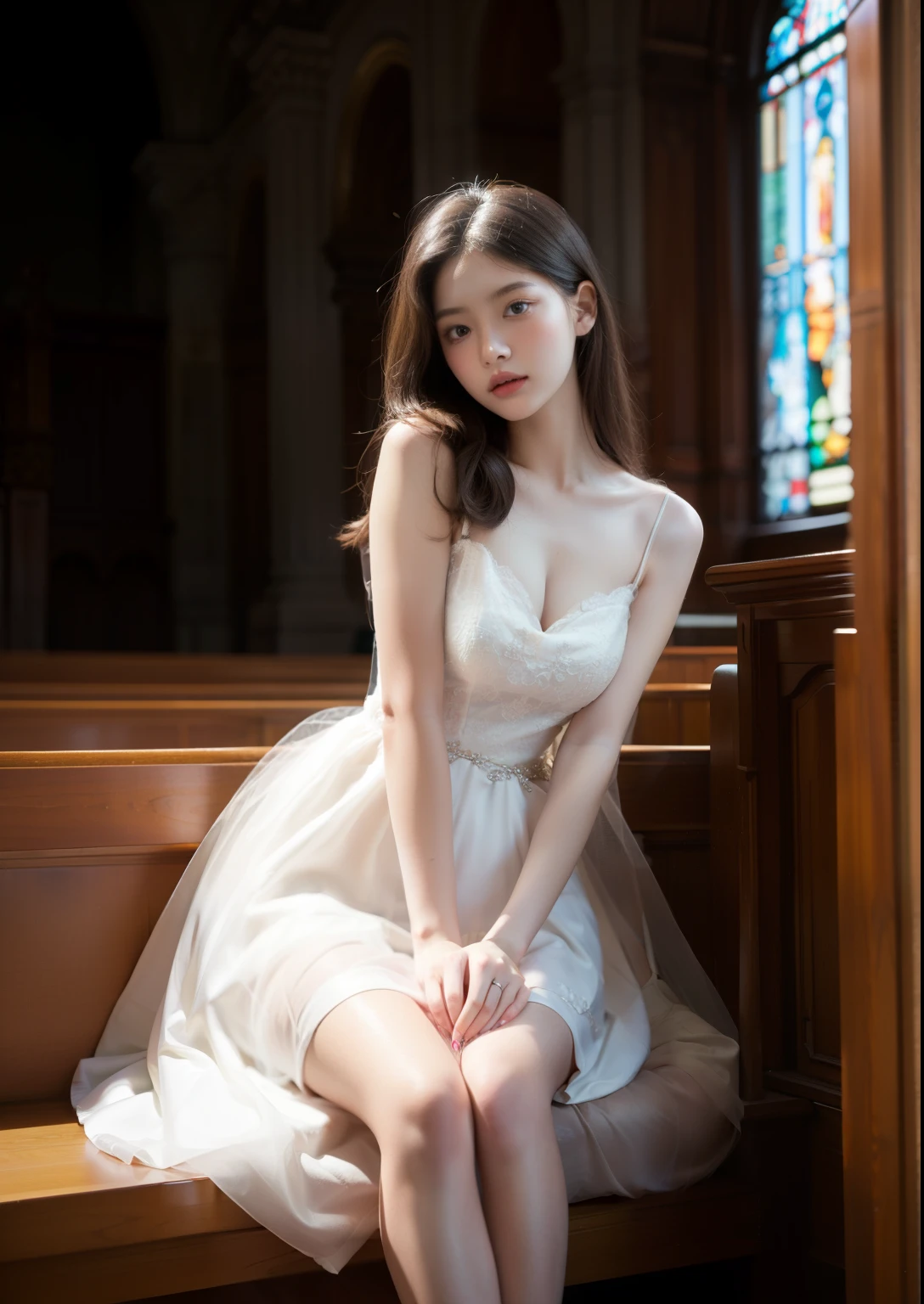 Beautiful 25 year old tall and slender woman。perfect legs. perfect face. She is fashion model. She is staying in the old classic church. She is wearing a wedding dress. Her one leg is visible and the other is hidden by the dress. She is illuminated by sunset light. the evening church lights is on . her dark brawn hair. High resolution、masterpiece、highest quality、頭w:1.0、((Hasselblad Photos))、fine skin、(movie lighting)、clavicle . full body picture.