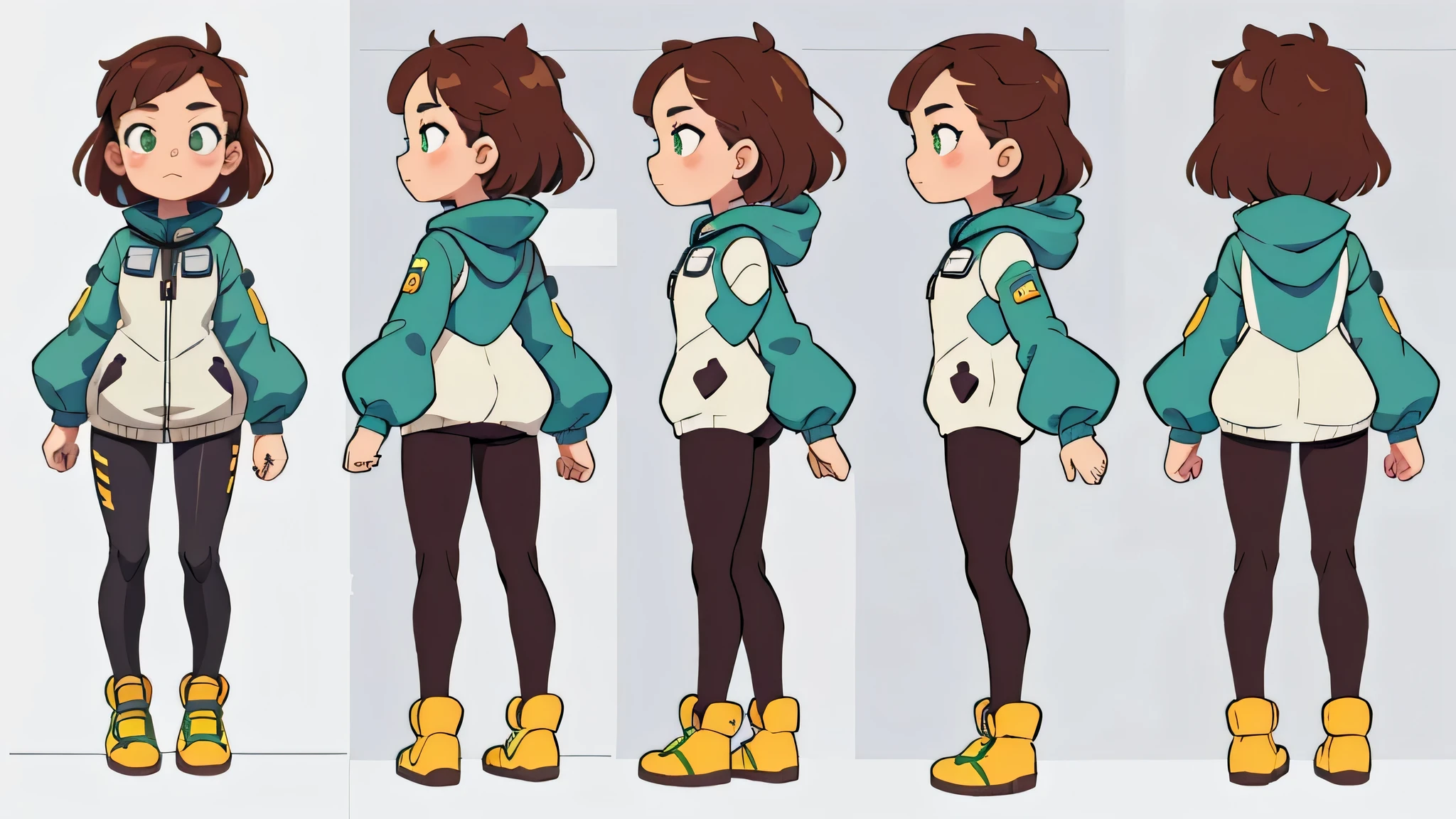 a girl in a space suit, side view, green eyes, brown hair ( character sheet, Standing pose, different angles)