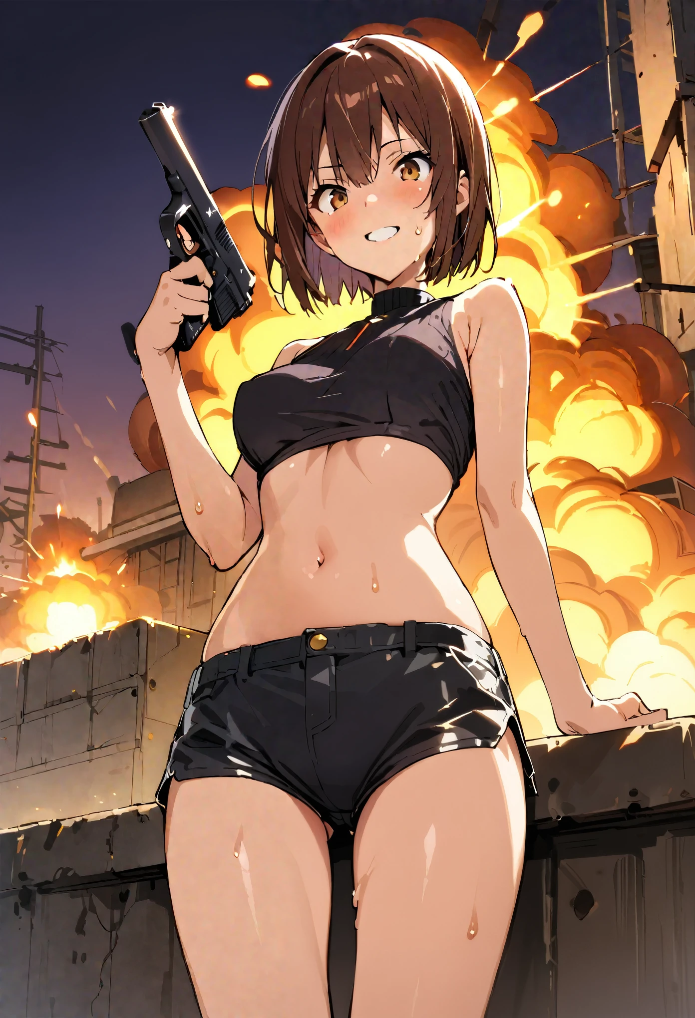 takeda hiromitsu style,(((masterpiece, highest quality:1.3,absurdres))),cowboy shot,20 year old beauty,Sniper、solo,((very small head)),short bob hair,bangs,dark brown hair,brown eyes,blush,Proud smile、medium breasts,((very long body)),((slender body)),skinny,gleaming skin,shiny skin,sweat, Black turtleneck、No sleeve、Crop length、Navel exposed、Black micro mini shorts、Black combat boots,sitting、(Holding a handgun in your hand、Detailed handgun),Explosion in the distance、Abandoned Factory、port、Tokyo、at night、moonlight、