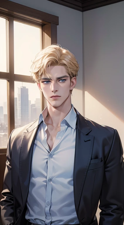 (best quality, masterpiece, 8K, photorealistic, cinematic lighting, 1:4 hdr image, ultra detailed, beautiful image), a mature man, 34 years very handsome, ((cold expression)), short golden hair, blue eyes, face perfect without mistakes, ((buttoning his jacket, CEO))