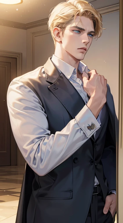 (best quality, masterpiece, 8K, photorealistic, cinematic lighting, 1:4 hdr image, ultra detailed, beautiful image), a mature man, 34 years very handsome, ((cold expression)), short golden hair, blue eyes, face perfect without mistakes, ((buttoning his jacket, CEO))
