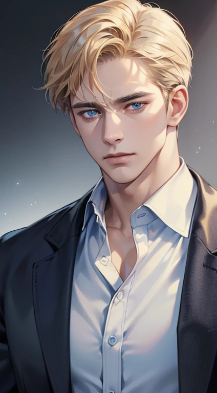 (best quality, masterpiece, 8K, photorealistic, cinematic lighting, 1:4 hdr image, ultra detailed, beautiful image), a mature man, 34 years very handsome, ((cold expression)), short golden hair, blue eyes, face perfect without mistakes, ((buttoning his jacket, CEO))