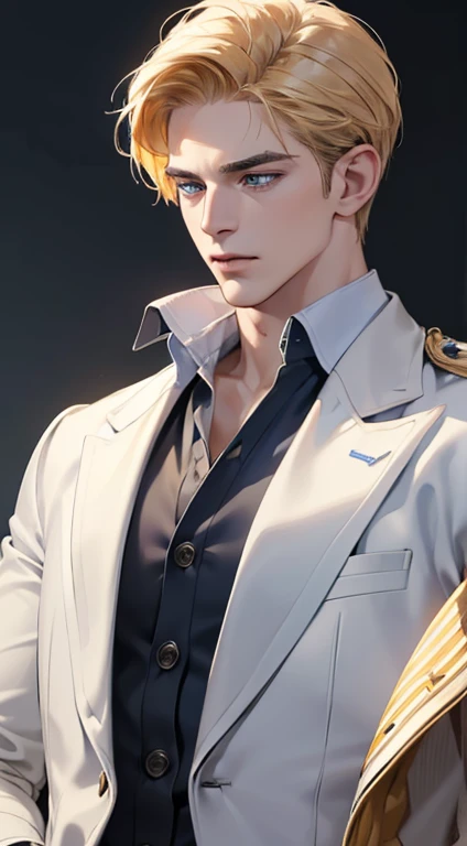 (best quality, masterpiece, 8K, photorealistic, cinematic lighting, 1:4 hdr image, ultra detailed, beautiful image), a mature man, 34 years very handsome, ((cold expression)), short golden hair, blue eyes, face perfect without mistakes, ((buttoning his jacket, CEO))