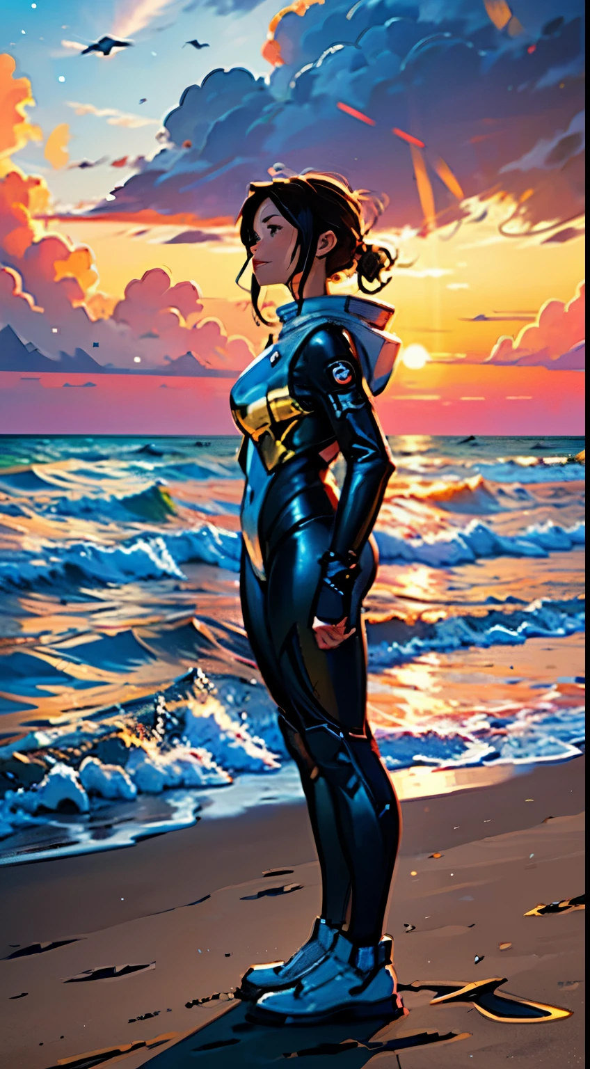 ((woman standing on the beach)), detailed anime face, mid shot, (chrome golden and blue sci-fi space suit), brown hair, (white clouds), sunset, ships far away in ocean