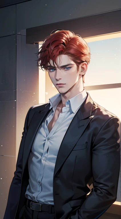 (best quality, masterpiece, 8K, photorealistic, cinematic lighting, 1:4 hdr image, ultra detailed, beautiful image), a mature man, 34 years very handsome, ((cold expression)), short red hair, blue eyes, face perfect without mistakes, ((buttoning his jacket, CEO))
