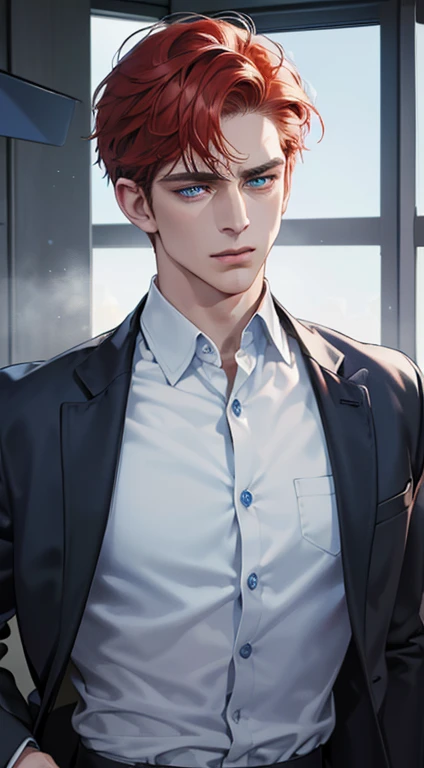 (best quality, masterpiece, 8K, photorealistic, cinematic lighting, 1:4 hdr image, ultra detailed, beautiful image), a mature man, 34 years very handsome, ((cold expression)), short red hair, blue eyes, face perfect without mistakes, ((buttoning his jacket, CEO))