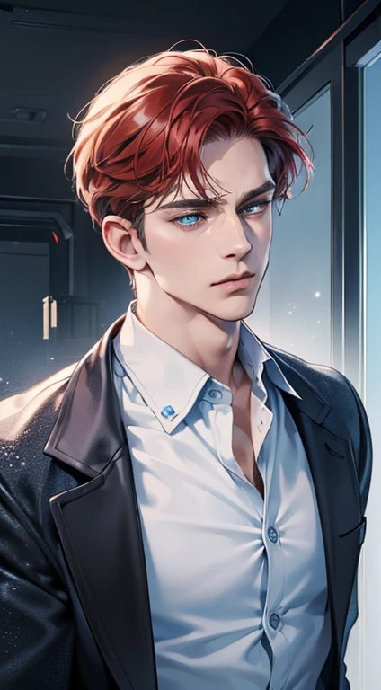 (best quality, masterpiece, 8K, photorealistic, cinematic lighting, 1:4 hdr image, ultra detailed, beautiful image), a mature man, 34 years very handsome, ((cold expression)), short red hair, blue eyes, face perfect without mistakes, ((buttoning his jacket, CEO))