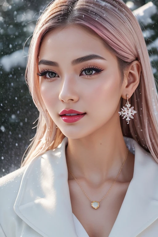 1 girl, Korean model, extremely beautiful, perfect body. Canon camera set to landscape and full body shooting mode, 8K, lifelike, masterpiece, sharpest and highest contrast, hyper-realistic color photos. Her hair is pink, long and smooth, the wind blows it beautifully under the bright sunlight. Beautiful face, perfect and sexy, holy, perfectly proportioned, beautiful in every detail, ((shiny)), high-end cosmetic makeup. Bright smile, pure white teeth and details. Attractive glossy red lips, brilliant glossy red lipstick. Brown eyes, glossy, seductive, ((sharp makeup)), realistic, ((wet eyes)), detailed. Pink eyeshadow, long eyelashes, blush, high-end cosmetics. Two delicate eyelids, perfectly beautiful and detailed, black eyelashes. Eyebrows are curved, sparse, sharp and detailed. High and detailed nose. Cheeks are prominent and detailed. ((Bright white skin)), detailed pores, shiny skin, smooth skin. Long, shiny legs. Hands are beautiful, perfect, ((no flaws)), no defects. Complex light, yellow-black rays, ((lights the face)), sparkling sunlight, ((lights the girl's body)). Gold and silver earrings, diamond necklace, emerald belt, Rolex watch.
Slim-fitting jacket dress above the knee, snowy pine trees, snowflakes, fog, cold air, cinematic lighting, dramatic silhouettes, fantasy, depth of field, volumetric lighting, covered trees Falling snow, snow falling in hair, beautiful background scenery, detailed background, super detailed. Canon photo captures the girl's entire body, the background is sharp.