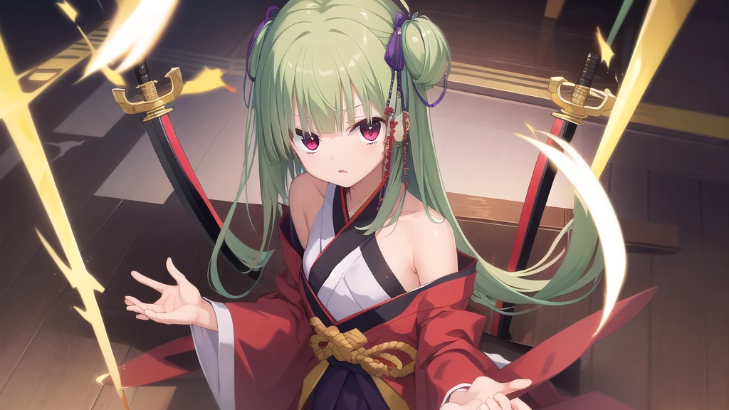 ((masterpiece)),(best quality),Official Art,Extremely detailed CG,Unity 8k Wallpaper,Super detailed,Beautiful and delicate eyes,Extremely detailed face,1 girl,solitary,,(whole body:1.5),(small:1.3),,,Murasame,Very long hair,Green Hair,Face Up,Purple bow,hairpin,Side chains,Bangs,Red Eyes,Neck strap,Red belt,Elegant and beautiful，Long sleeves hanfu，Wearing Hanfu，Gentle as a poem，Master of swordsmanship，Tai Chi Sword Formation