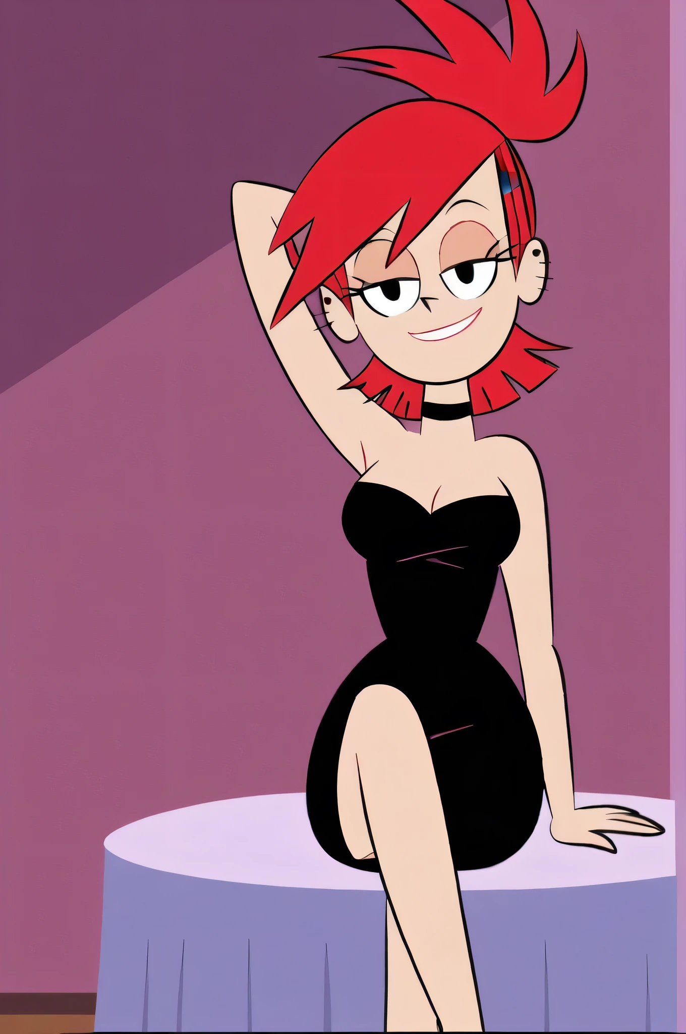 FrankieFoster, red medium bob hair, black eyes, posing, solo, strapless black dress, crossed legs, smug, beautiful, arm up, head tilt, on a table, hotel