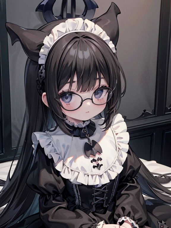 8k, (Gothic art:1.8), 9--old l, black eye, Glasses, Black Hair, Long Hair, Braid, Black maid outfit