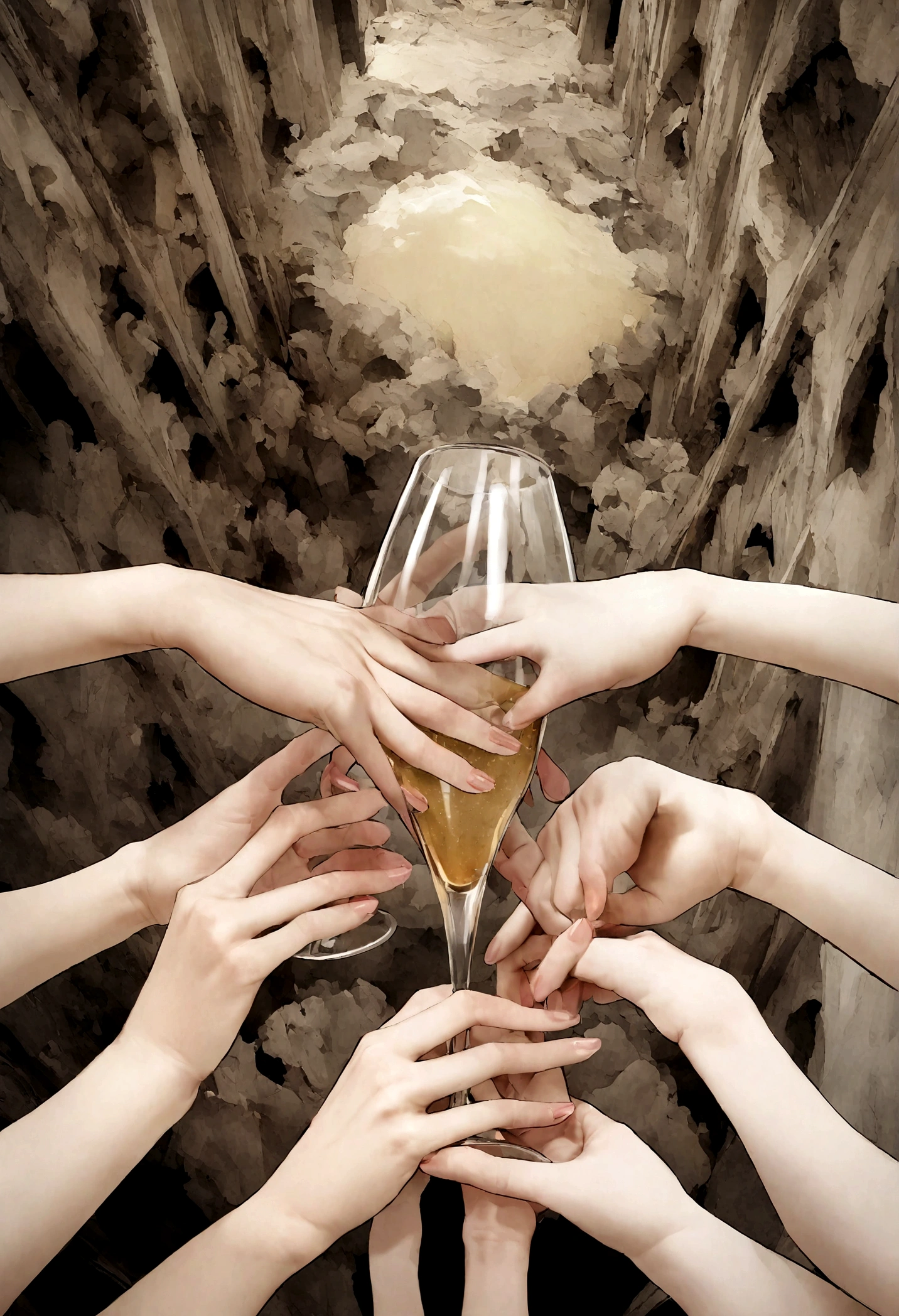 amigos juntos olhando para a foto, hands together holding a glass of champagne 