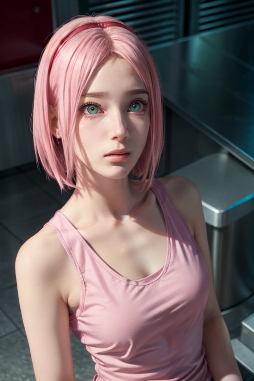 young woman, short shoulder-length pink hair, wide forehead, porcelain skin, pink eyebrows, big emerald green eyes, buttoned nose, full lips, heart-shaped face, slender body, small breasts, red tank top, Sakura Haruno , realistic, realism, details, 3d, well detailed