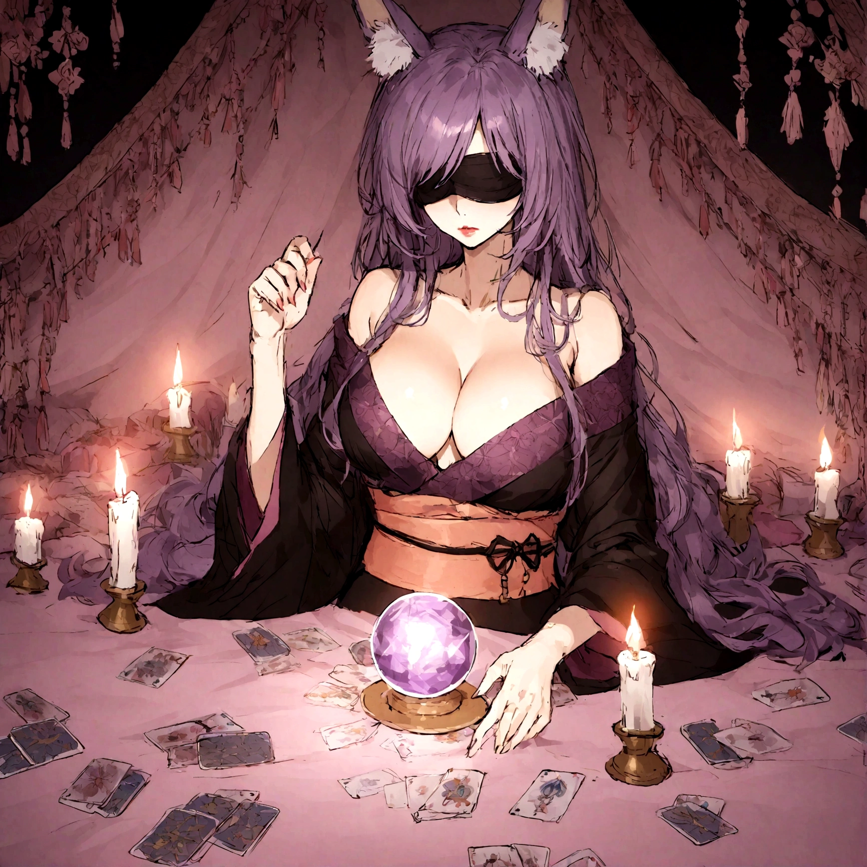 a sexy milf with a blindfold on, has very long purple hair, breasts, showing cleavage, has fox ears, wearing sakura kimono, in a gypsy tent, reading a crystal ball and surrounded by tarot cards, surrounded by candles