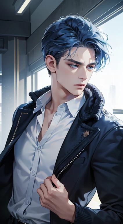 (best quality, masterpiece, 8K, photorealistic, cinematic lighting, 1:4 hdr image, ultra detailed, beautiful image), a mature man, 34 years very handsome, ((cold expression)), short blue hair, blue eyes, face perfect without mistakes, ((buttoning his jacket, CEO))