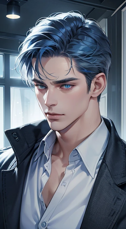 (best quality, masterpiece, 8K, photorealistic, cinematic lighting, 1:4 hdr image, ultra detailed, beautiful image), a mature man, 34 years very handsome, ((cold expression)), short blue hair, blue eyes, face perfect without mistakes, ((buttoning his jacket, CEO))