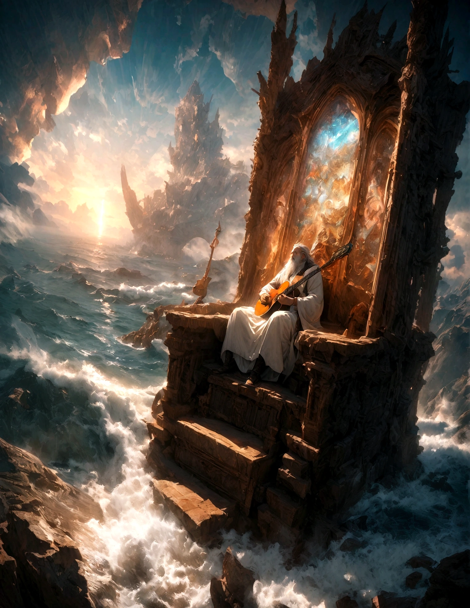 king of the gods, He has long white hair and a white beard, Holding a huge guitar, sit on his throne, set at sea. Dolphin jumps behind. fantasy, magic, mystery, Ethereal, sublime atmosphere, dreamlike, Extremely detailed and complex, Painted landscapes, Dramatic Lighting, high quality, Octane Rendering, Epic scene, Bible World.