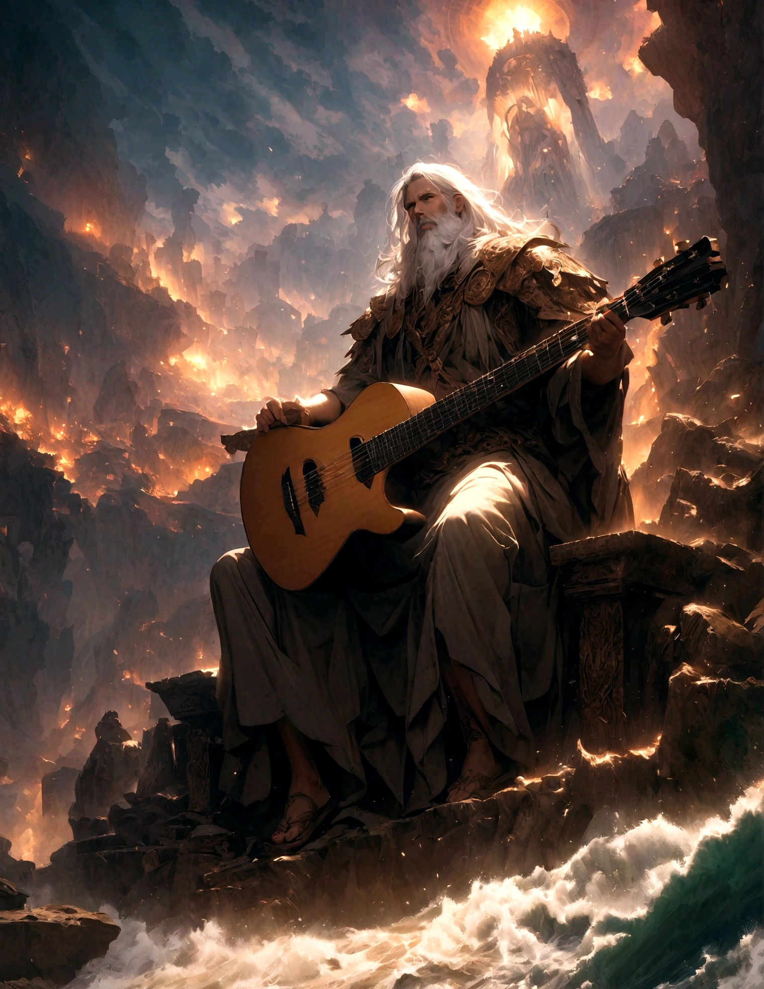 king of the gods, He has long white hair and a white beard, Holding a huge guitar, sit on his throne, set at sea. Dolphin jumps behind. fantasy, magic, mystery, Ethereal, sublime atmosphere, dreamlike, Extremely detailed and complex, Painted landscapes, Dramatic Lighting, high quality, Octane Rendering, Epic scene, Bible World.