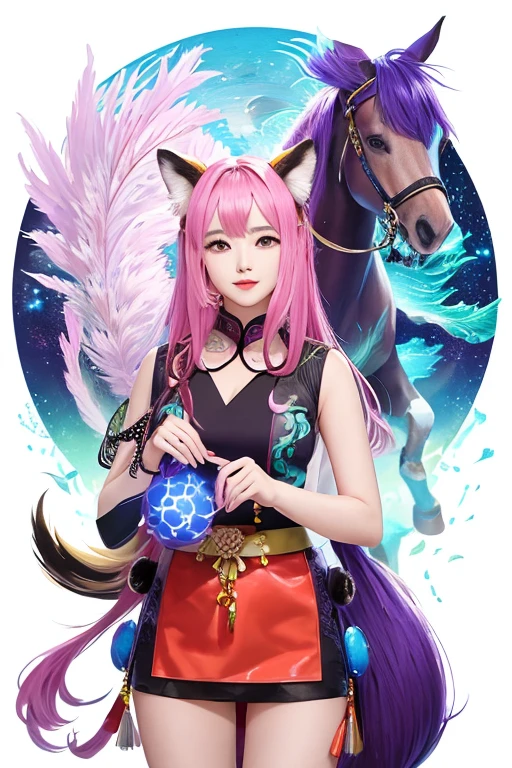 animal illustrations,mixed species,different kinds of animals,various species,diverse animals,digimon evolution,Ultimate Evolution,perfect body,ultimate body,horse,There is personification,digimon evolution,Ultimate Evolution,perfect body,ultimate body,UFO,There is a horse,There is personification animation comprehensive,Multiple animal races,Fully anthropomorphic(human body,Animal ears,Beast tail),Lots of beauties,Many dancers,Lots of beauties最佳品質,Super detailed,Realistic,(像素Art,概念Art:1.2),humor,天馬行空的imagination,quirky style,Cartoon creatures,Crazy combination,chaotic scene,,creativity,Art,mixed species inspiration,Pokemon style,Love to play、whimsical、Colorful、Playful、imagination、Mysterious atmosphere、Cute characters、unique design、fictional animals、eye-catching、Attention to detail、Colorful、expressiveness、Entertainment、Unconventional、Stimulate、various kinds,animal diversity,harmonious relationship,peaceful coexistence,animal world,Art表現,Beautifully illustrated creatures,Amazing fusion,hybrid animals,Unusual biological pairings,口袋妖怪Art風格,數碼寶貝關鍵Art,杉森健Art,Maki Haku,位圖Art,釋放imagination,charming depiction,Case,Interesting visual storytelling,Rich creativity,Wonderful composition,自然的Art靈感,迷人的Art作品,Rich narrative,whimsical的故事,Playful的詮釋,富有imagination的設置,獨特的Art表達,Lively and dynamic,images full of energy,stunning details,精心製作的Art品極品,masterpiece,illustration,,Fox ears,Mecha,mechanical,Fluffy tail,Blank Background,mechanical腿,(fluorescent color:1.5),(Laser purple light:1.1),Foxfire,fluorescent pink,