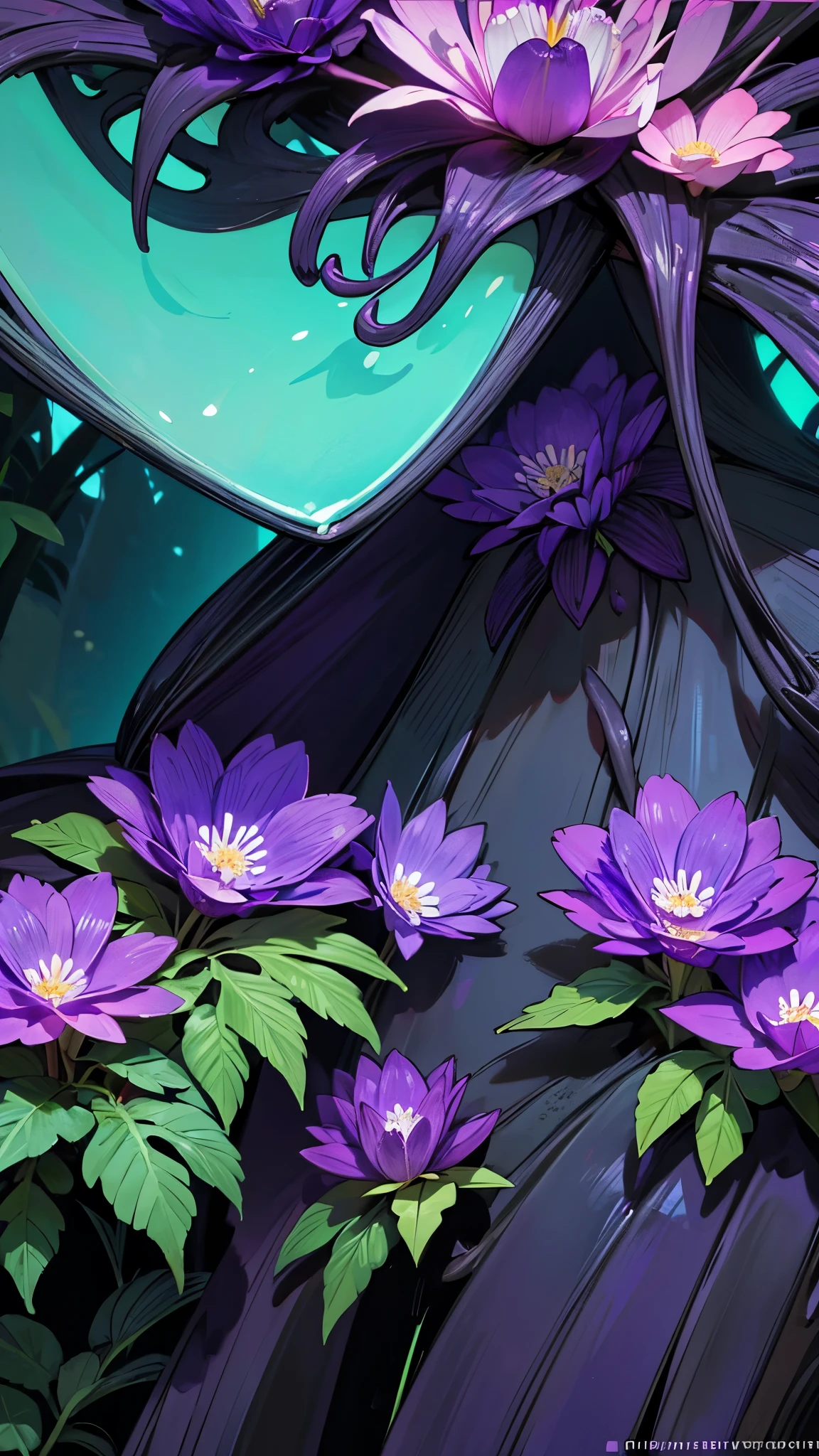 wallepaper hd 4k hiper realista, cerezos en flor, details, ultra realistic arboles de cerezo, flores de cerezo, dia soleado, iluminacion fotografica, bosque, paisaje, iluminacion neon, ((bosque)), ((forest)), (((more_details:1.5))), purple forest night, neon light fowers cerezo, (((color dark purple)))