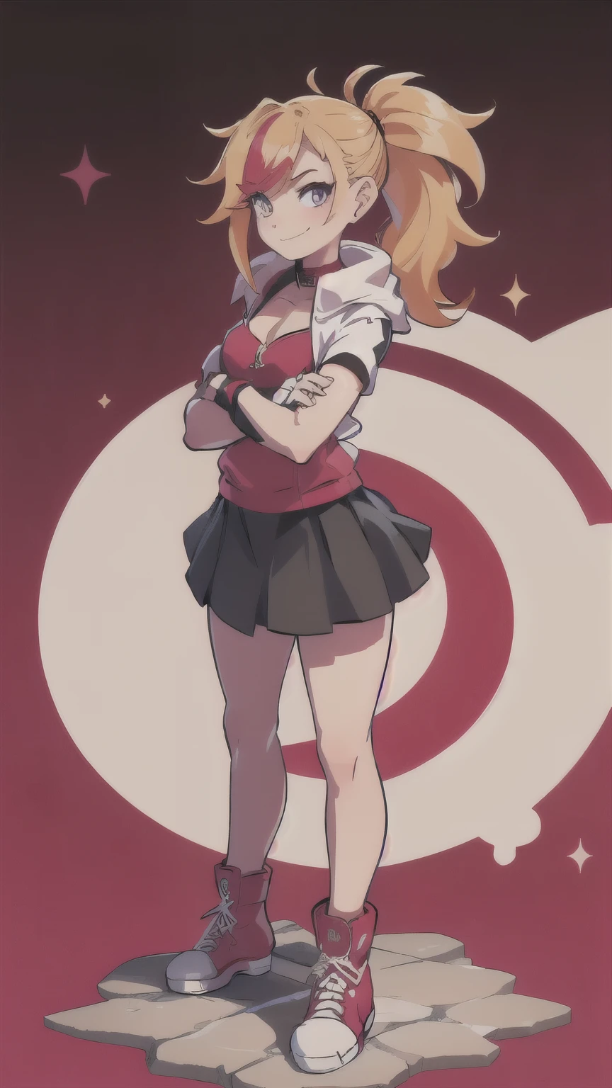 (best quality:1.2),solo,1girl,mdrin,smile,looking at viewer,crossed arms,ponytail,v-shaped eyebrows,white jacket,red shirt,fingerless gloves,black skirt,choker,illustration,floral garden background,warm color tones,soft lighting, Hair over one eye, ultra long hair, standing on hooftop, long boots