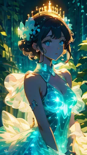 running princess, flowers, pastel glowing outfit, dark background, bioluminescent plants, close-up, crown, crystals