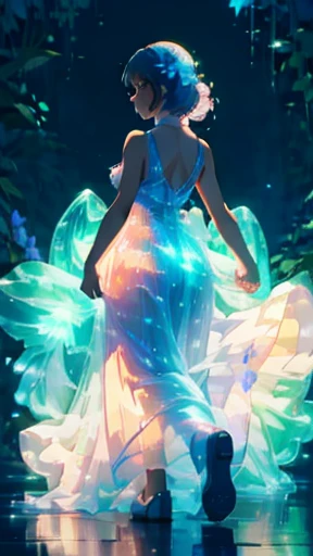 running princess, flowers, pastel glowing outfit, dark background, bioluminescent plants, close-up, crown, crystals