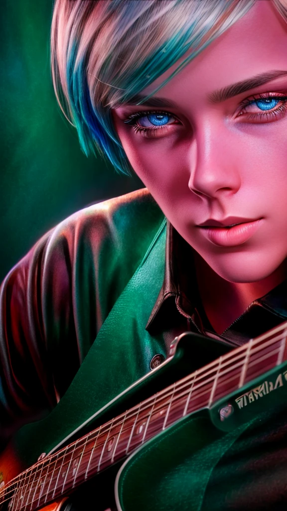 a guitar player, beautiful detailed eyes, beautiful detailed lips, extremely detailed eyes and face, long eyelashes, portrait, male, playing electric guitar, dynamic pose, dramatic lighting, cinematic, epic, vibrant colors, digital painting, hyper detailed, photorealistic, 8k, high resolution, best quality