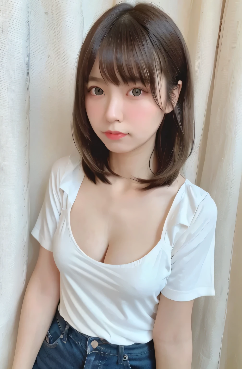 masterpiece,high resolution,high quality,Japanese women,Small and thin face,Perfect body,Erotic look,Detailed eyes,Photorealistic,Bobcut,cute,(Cleavage:1.3)、T-Shirts