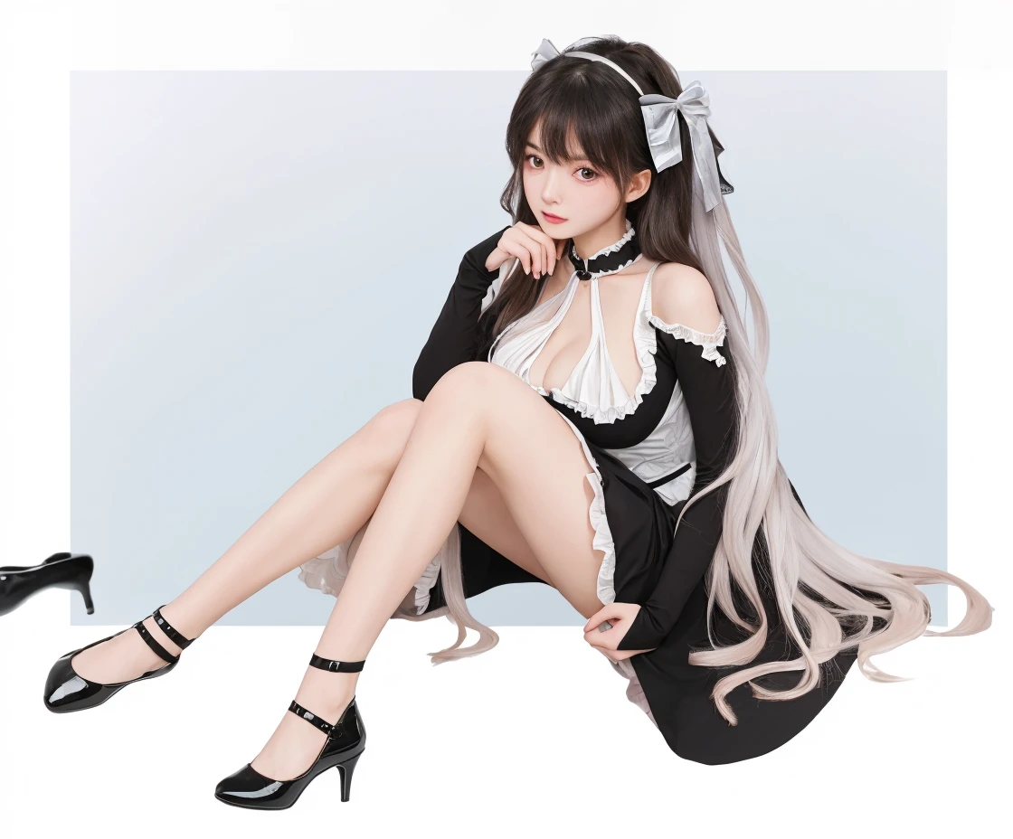 (masterpiece), (extreme), (super detail), (messy hair), (illustration), (1 girl) (black long hair 1.5) (bright black eyes) (shoulder length hair 2.0), (very Detail of apron), sexy pose, charming figure, standing, fashion model, looking at audience, (interview), (simple background), beautiful detailed eyes, delicate pretty face, floating, (high saturation), (soft background light), focus on the face