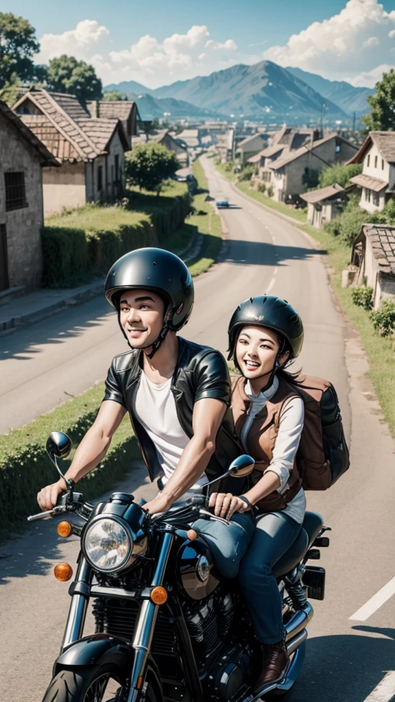 cartoon couple riding a motorcycle on a road with a village in the background