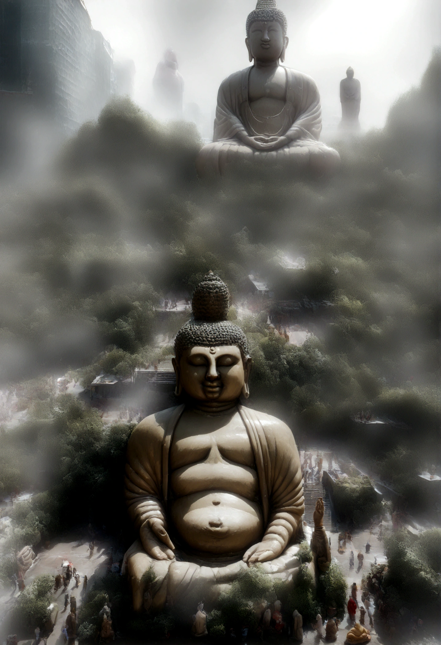 How to draw with a ballpoint pen、(A Buddha statue towering in the distance:1.5),(Cyberpunk cityscape:1.2),(Photorealistic:1.4),(highest quality:1.0),(Very worried:1.0),8k,RAW Photos,(Tabletop:0.2),Super detailed,(Pilgrims' Path:0.8),Huge tall Buddha statue in the distance,Pilgrims' Path