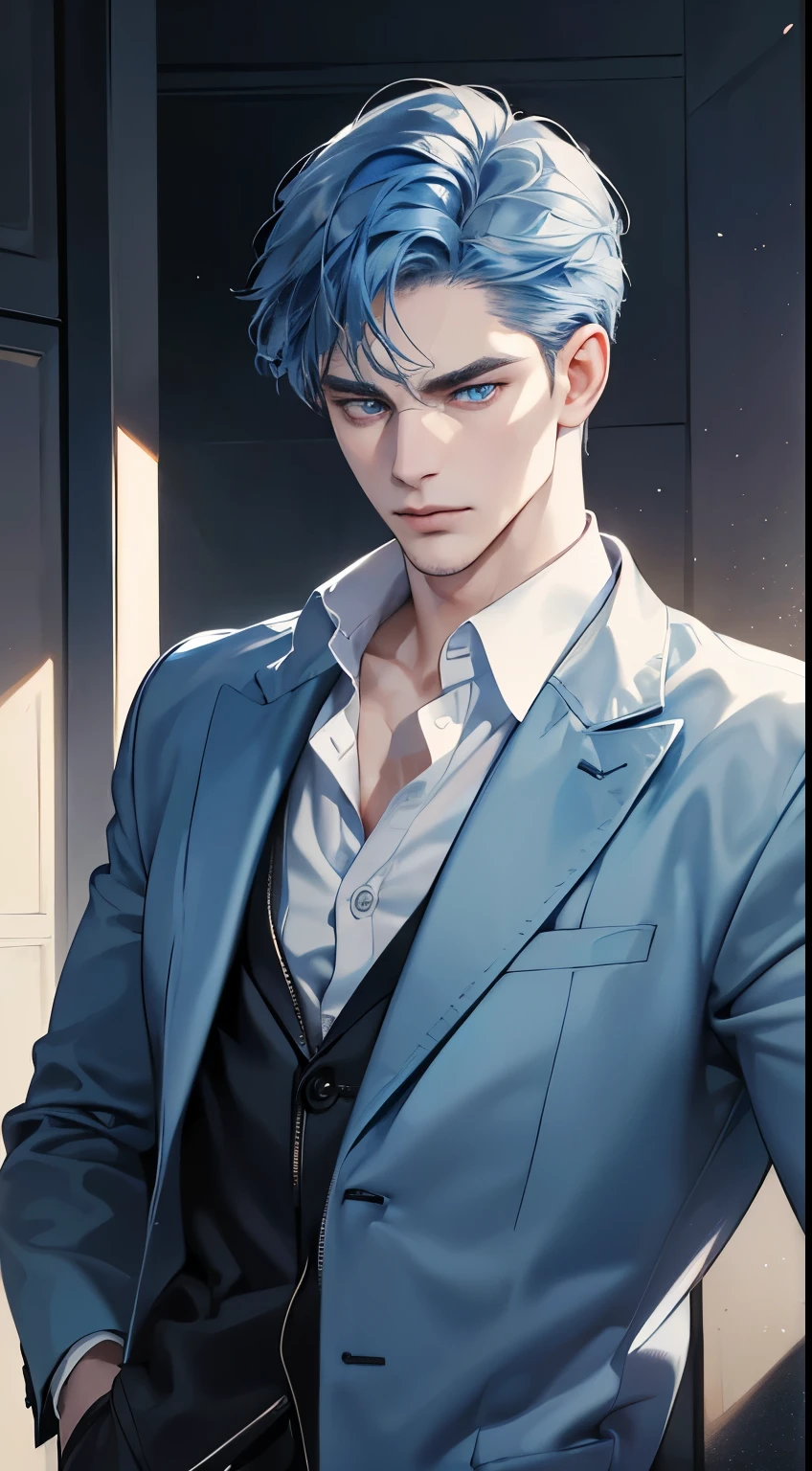 (best quality, masterpiece, 8K, photorealistic, cinematic lighting, 1:4 hdr image, ultra detailed, beautiful image), a mature man, 34 years very handsome, ((cold expression)), short blue hair, blue eyes, face perfect without mistakes, ((buttoning his jacket, CEO))