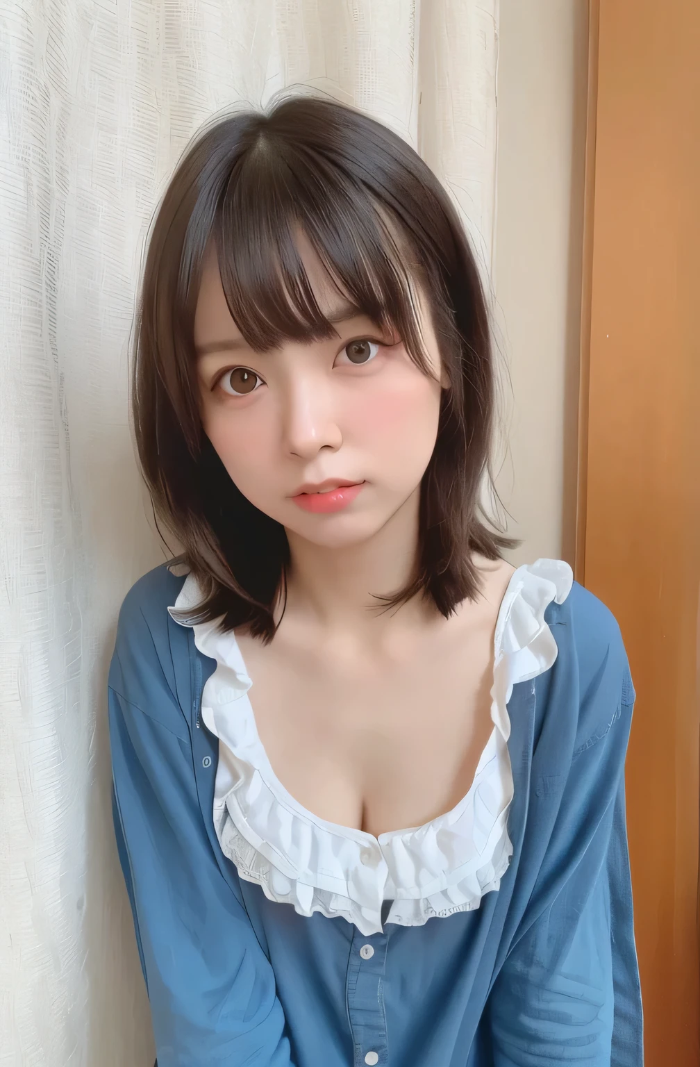 masterpiece,high resolution,high quality,Japanese women,Small and thin face,Perfect body,Erotic look,Detailed eyes,Photorealistic,Bobcut,cute,(Cleavage:1.3)、T-Shirts