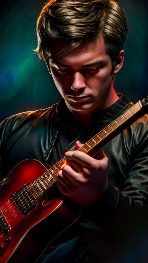 A male guitarist playing an electric guitar, detailed face and hands, dramatic lighting, cinematic composition, moody atmosphere, vibrant colors, digital art