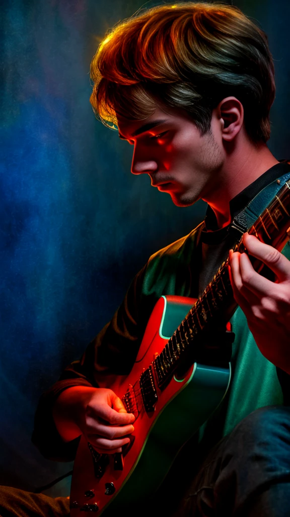 A male guitarist playing an electric guitar, detailed face and hands, dramatic lighting, cinematic composition, moody atmosphere, vibrant colors, digital art