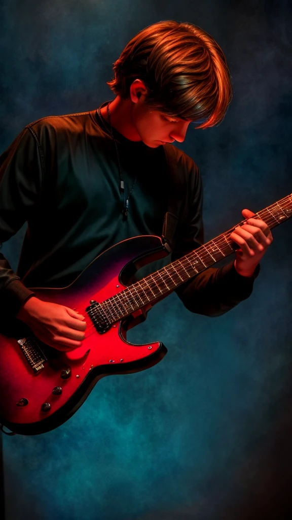 A male guitarist playing an electric guitar, detailed face and hands, dramatic lighting, cinematic composition, moody atmosphere, vibrant colors, digital art