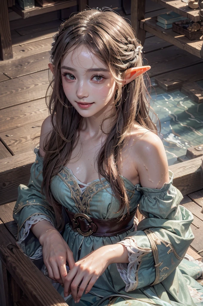 (highest quality, masterpiece:1.3), shape, ((Beautifully detailed face)), Beautiful and detailed skin, Intricate details, Very detailed, Best image quality in 8K, Mysterious figure,Fantasy World,A world of swords and magic,(lake:1.5),(18-year-old elf woman:Beautiful dress,Taking a bath),,(Detailed Hair),Detailed lips,Open your mouth,blush,Embarrassing, smile,Realistic Face,Realistic Skin,(Vibrant Skin,Moisturized Skin:1.2),Vivid lips,Lip gloss,sexy,Wet Hair,Wet Skin