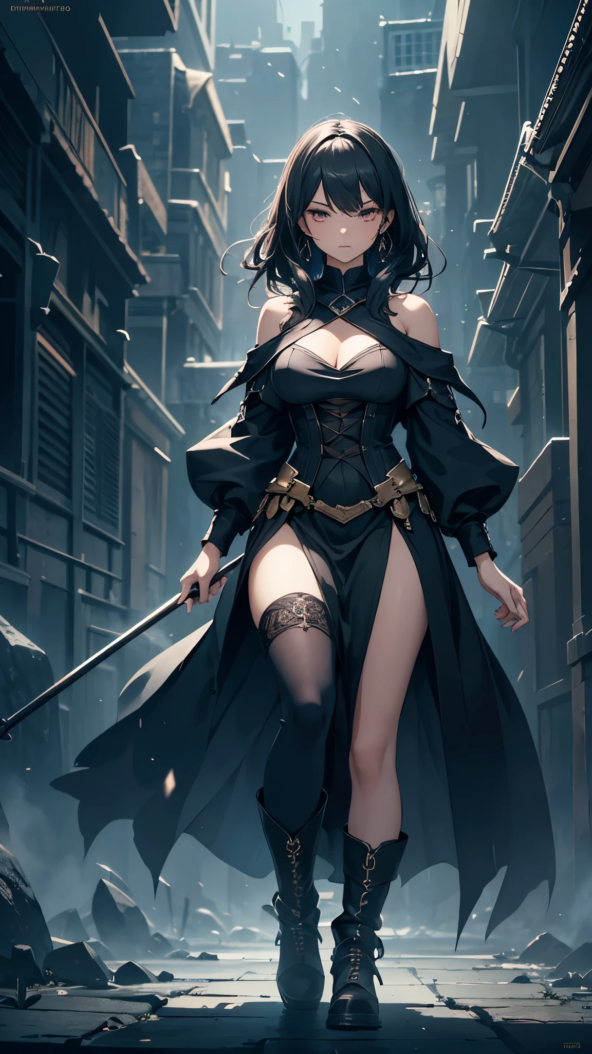 (One 18-year-old woman),(wizard),(she’s having a long cane),(she’s casting magic),(she’s casting magic),(short black hair),(messy hair),(wavy hair),(dark), [nervous eyes],(sexy fashion, off shoulder, maxi length skirt, boots),(best quality, 4k, 8k, highres, masterpiece:1.2), ultra-detailed,(realistic, photorealistic, photo-realistic:1.37),(fantasy, magic, mystical, enchanting), (dramatic lighting), (moody, somber), (deep rich colors)