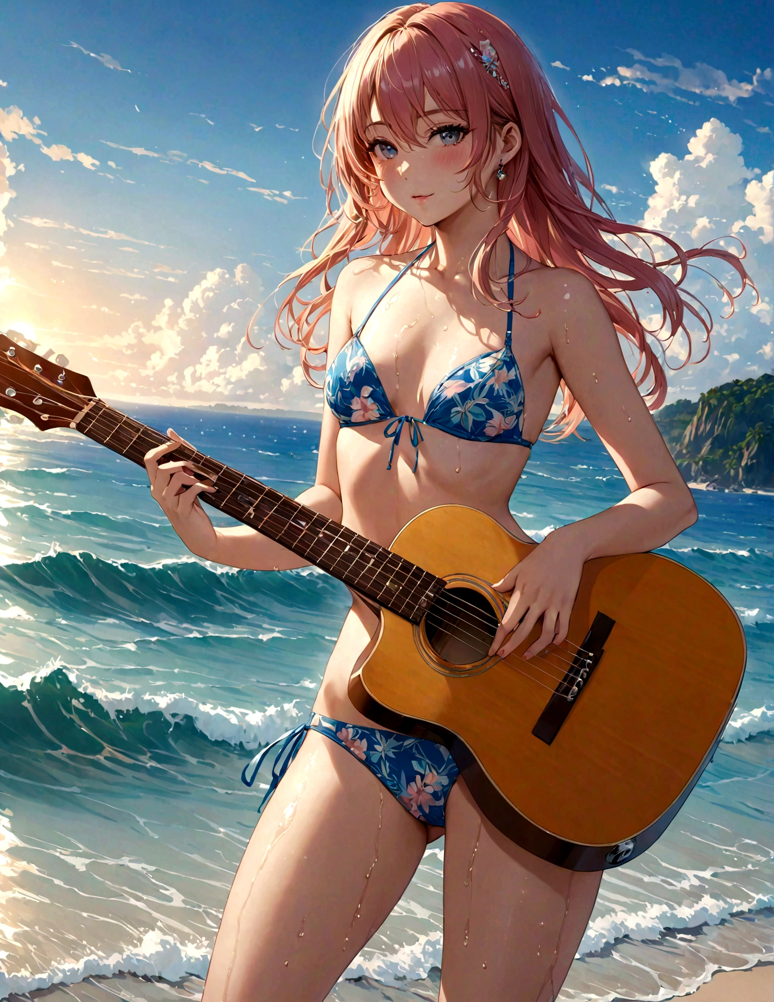((masterpiece)), ((best quality)), ((High resolution)), ((Fine details)),1 Girl, Holding a huge guitar, Small Breasts, swimsuit, Practical, beach, wet, ocean, Umbilical cord, Sky, clavicle